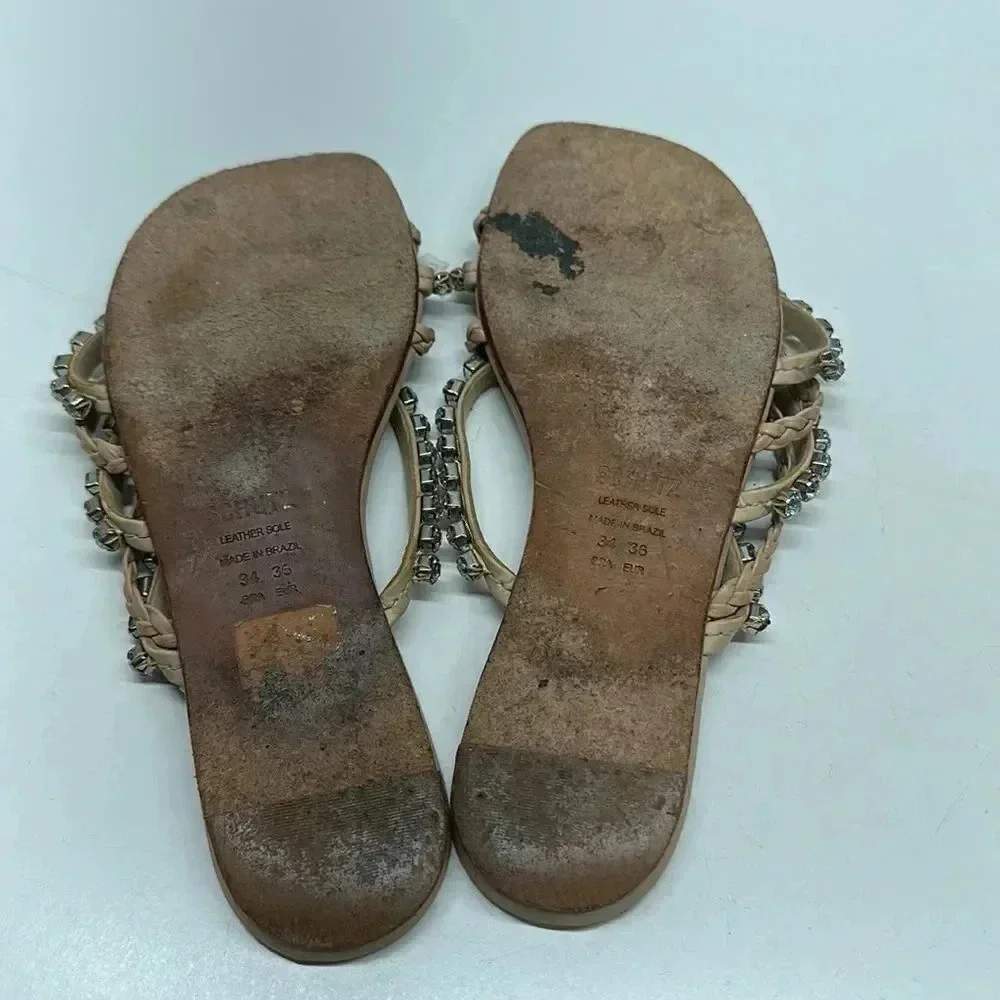 Schutz Sandals Slides Flats Jeweled Embellished Braided Leather Tan Brown Size 6